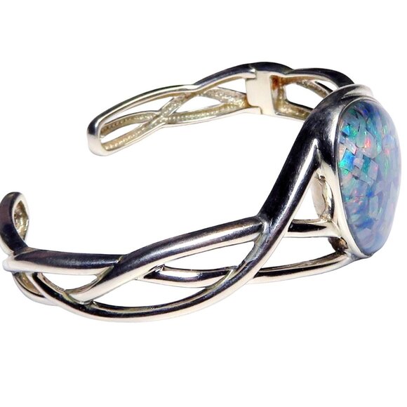 Vintage Sterling Silver WK Whitney Kelly Mosaic Opal Inlay Hinged Cuff Bracelet - Picture 6 of 9